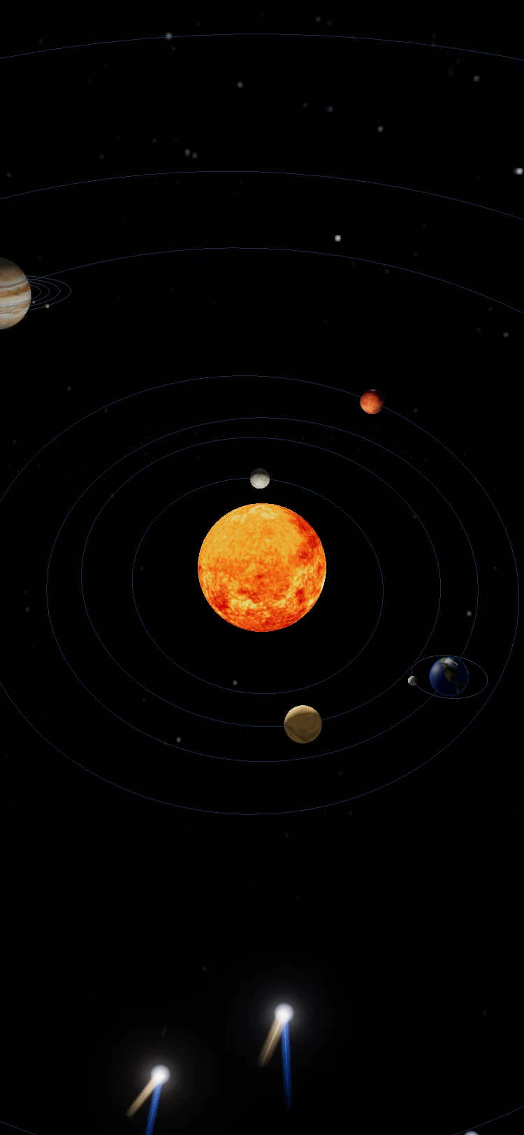 The 3D solar system with the Sun, planets and their orbits