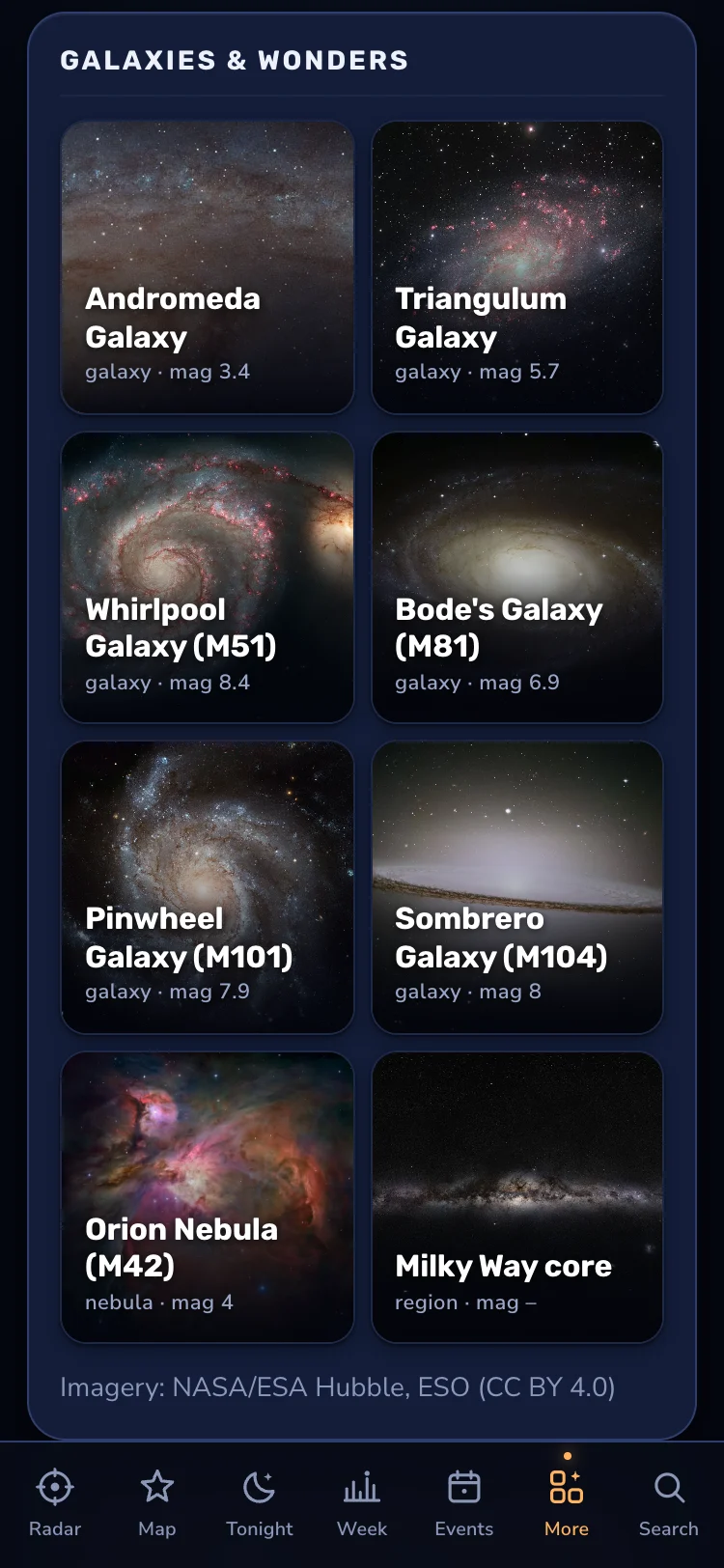 A grid of Hubble and ESO images: Andromeda, Triangulum, the Whirlpool, Bode's, the Pinwheel, the Sombrero, Orion and the Milky Way core